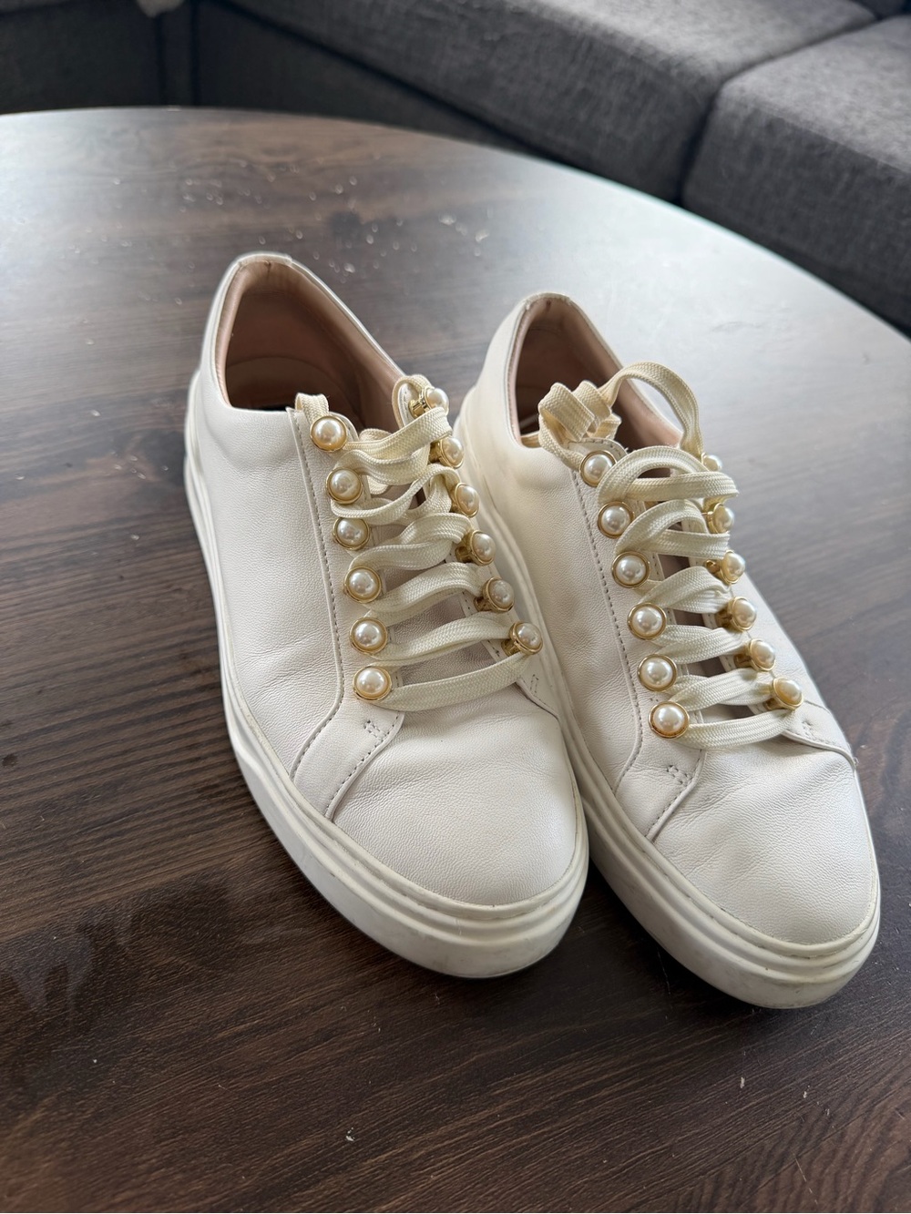 Stuart Weitzman Cream Pearl-Embellished Leather Sneakers